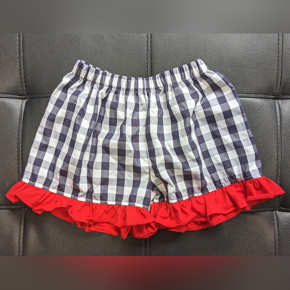 Girls Navy Blue & White Checkered shorts with Red Ruffle accent